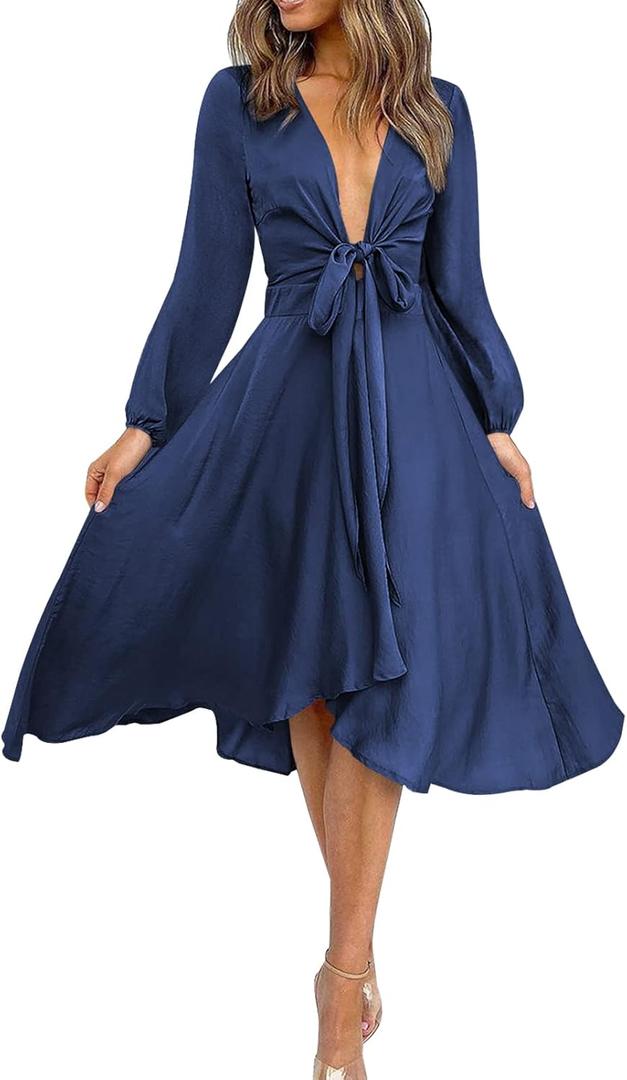 miduo Womens Dresses Satin Long Sleeve V Neck Tie Front High Waist Skater Cocktail Long Midi Dresses for Wedding Guest Homecoming Honeymoon Navy M