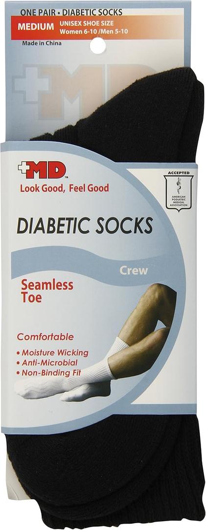 Seamless Toe-Wave-In Mesh Diabetic Crew Socks, Black, Medium