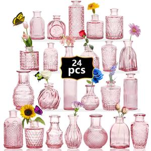 24PCS Mini Bud Vases As Wedding Centerpieces for Tables,Clear Bud Vases for Flowers,Small Flower Vases Suitable for Birthday Party,Anniversary,Wedding Reception,Baby Shower (Pink, 24PCS)