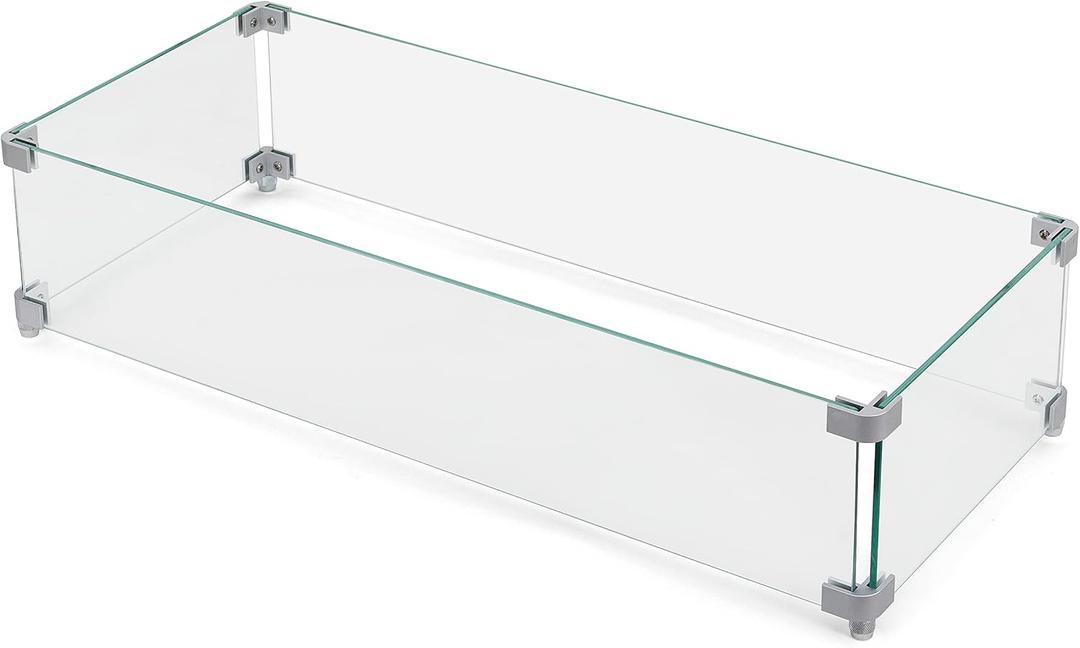NUU GARDEN 27.6'' x 11.7'' x 6.5" Rectangular Fire Pit Wind Guard, Transparent Tempered Glass, Polished Aluminum Brackets, 3M Anti-Slip Pads, Fit for Best Choice 52-inch Fire Table WG01