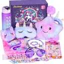 64pcs Unicorn Gifts Toys for Girls Kids Toys 5 6 7 8 9 10+ Years Old Halloween Thanksgiving Christmas Birthday Gifts Box with Star Light Up Pillow Stuffed Diary with Lock Headband Water Bottle sticker