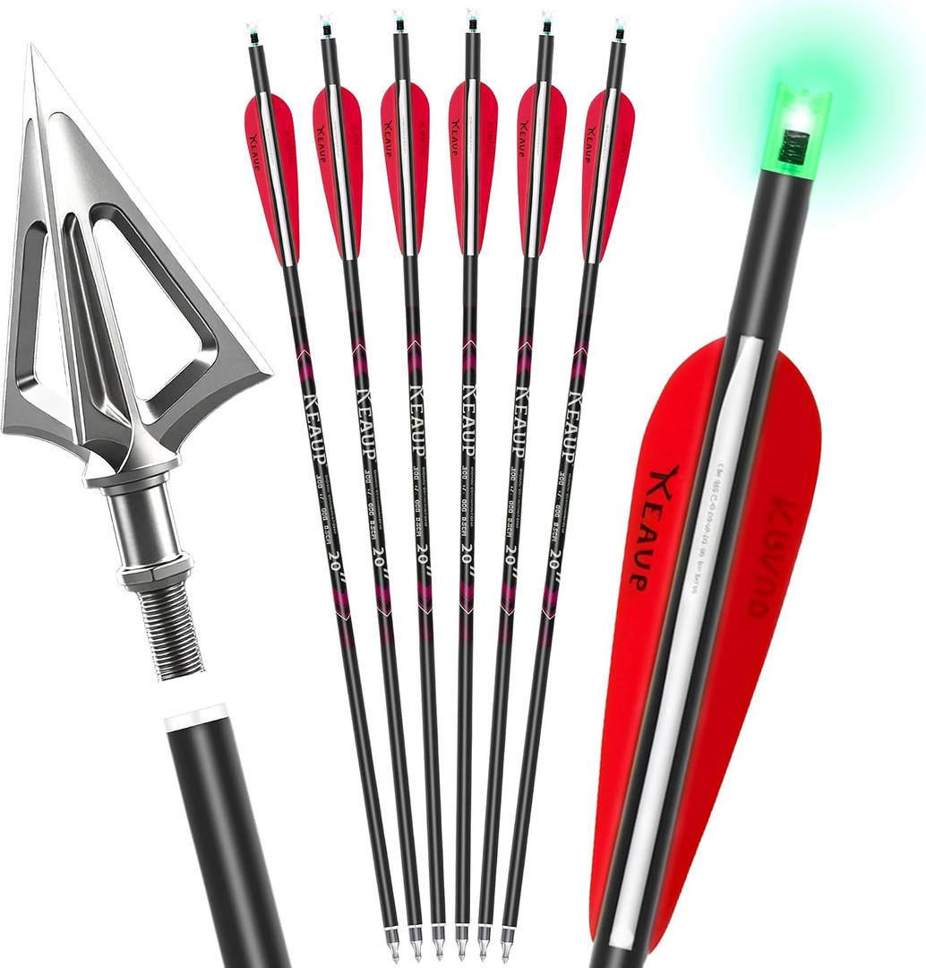 20 inch Carbon Crossbow Bolts with Crossbow Broadheads and Lighted Nocks, 6 Pack Hunting Carbon Crossbow Arrows for Archery Practice and Hunting