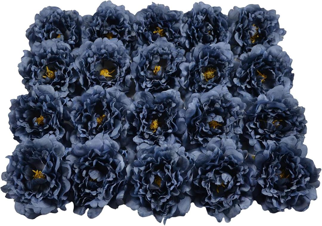 20 Pcs Artificial Flower Peonies, 5" Silk Fake Peonies with 6" Stems No Leaf, Faux Peonies Flowers for Decoration Wedding Home Party Centerpiece Decor Floral Art (Navy Blue)