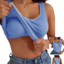 Women's Built-in Bra Tank Tops Sleeveless Casual Shirts Undershirts Fitted Cami Tank Tops (Blue, L)