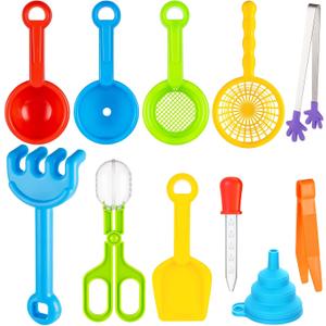11 Pieces Sensory Bin Filler, Fine Motor Skills Handy Toys Set with 5 Scoops, Tweezers, Mini Silicone Tong, Scissors Clip, Dropper, Beach Shovels, Funnel, Sensory Bin Accessories Tools