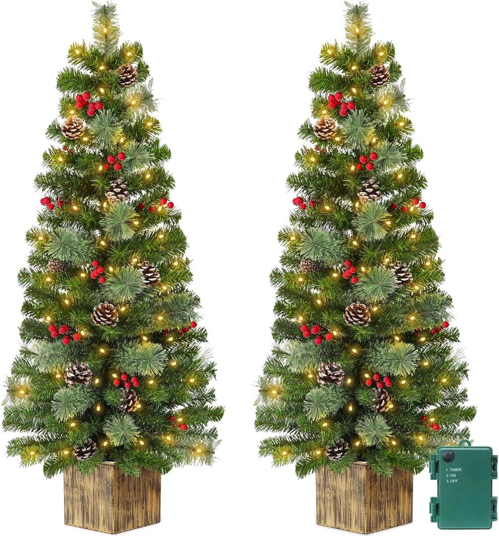 2 Pack 4 Ft Artificial Christmas Entrance Tree in 7Large Base with 60 LEDs Warm White Light Timer Battery Operated 126 Classic Branch 18 Smoky Pine Bristle 14 Pinecone 12 Berries Xmas Door Decor