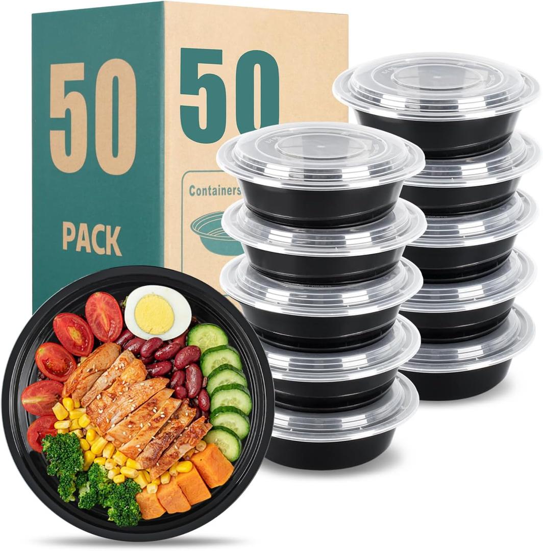24oz Round Meal Prep Containers with Lids,50-Pack (100 Pcs) Black Disposable Food Storage,Bento Boxes,Stackable,Leak-Proof, BPA-Free,Microwave and Dishwasher Safe