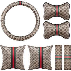 Steering Wheel Cover 7-Piece Car Comfort Kit - Premium(14-15.5 Inch) with 2 Headrest Pillows, 2 Lumbar Cushions, 2 Seat Belt Covers - No-Slip Grip & Easy Snap-On Installation, Beige