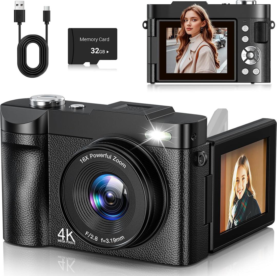 4K Digital Camera 50MP Autofocus Vlogging Camera for YouTube with 2.8" 180 Flip Screen, 16X Digital Zoom Camera with 32GB Card for Beginner Boys Girls