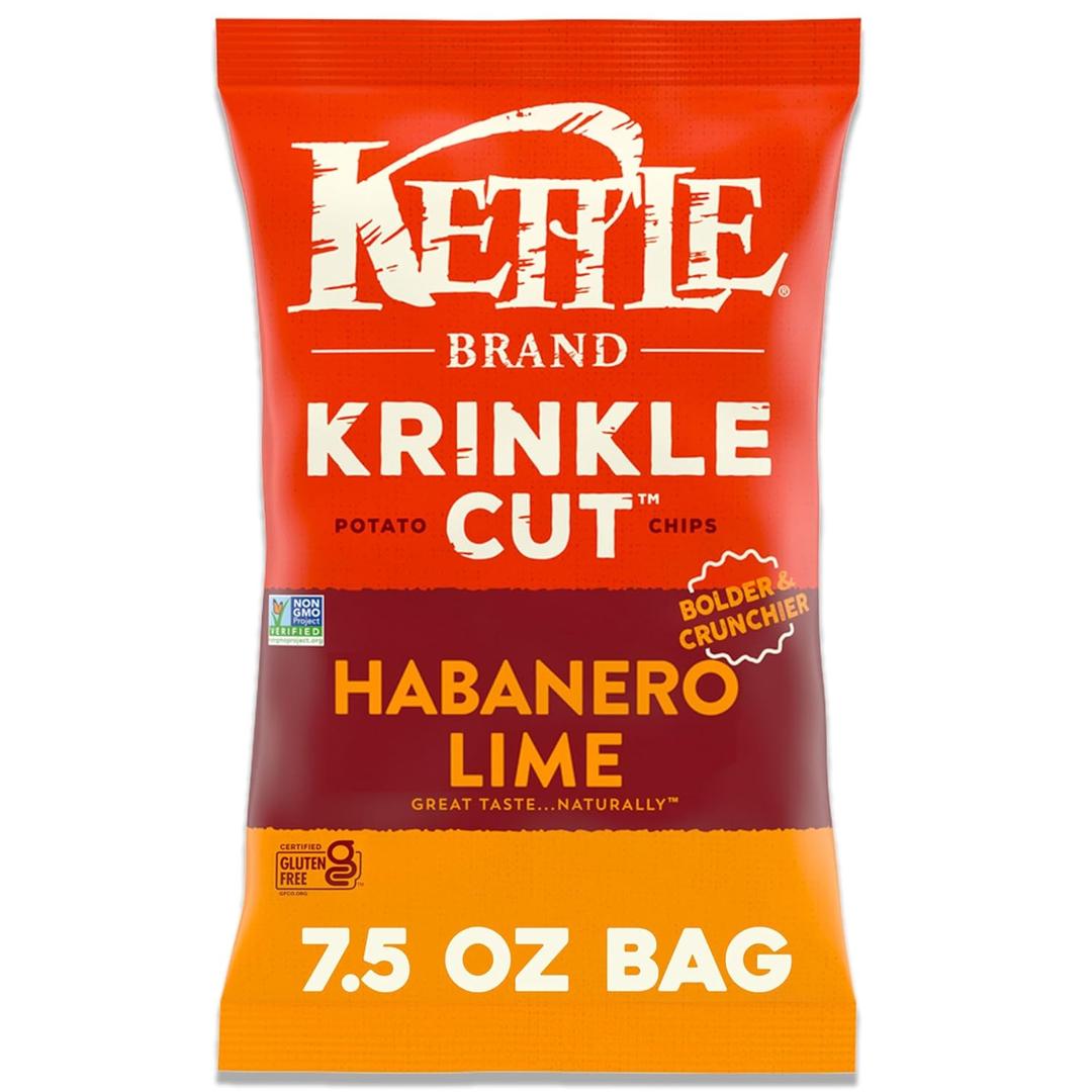 Kettle Brand Potato Chips, Krinkle Cut, Habanero Lime Kettle Chips, 7.5 Oz (EXP 08/08/26)