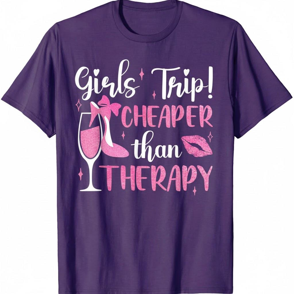 Girls Trip Cheaper Than A Therapy Funny Weekend Wine Party T-Shirt Small