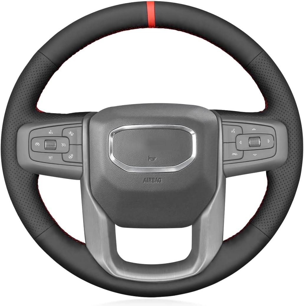 MEWANT Stitch On Custom Fit Steering Wheel Cover for GMC | GMC Sierra 1500 Sierra 1500 Limited Sierra 2500 Sierra 3500 Yukon XL / &Red Stripe&Red Stitching Black Genuine Leather