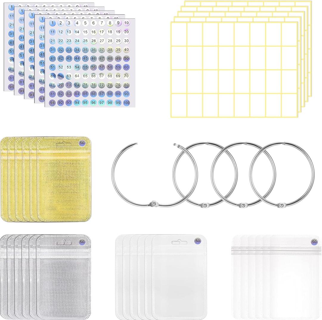 200 Pieces Diamond Painting Accessories Diamond Painting Tools Kit Storage Container Art Resealable Bags with 4 Round Binding Rings, 5 Sheets Number Stickers and 5 Sheets Sticker Label