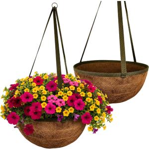 15 Inch Handmade Coco Fiber Hanging Basket 2 Pack - Hanging Planter for Outdoor Plants - Natural Boho Rustic Coconut Coir Oversize Decorative Flower Pot Holder for Porch Patio Balcony Garden, 15" Diameter