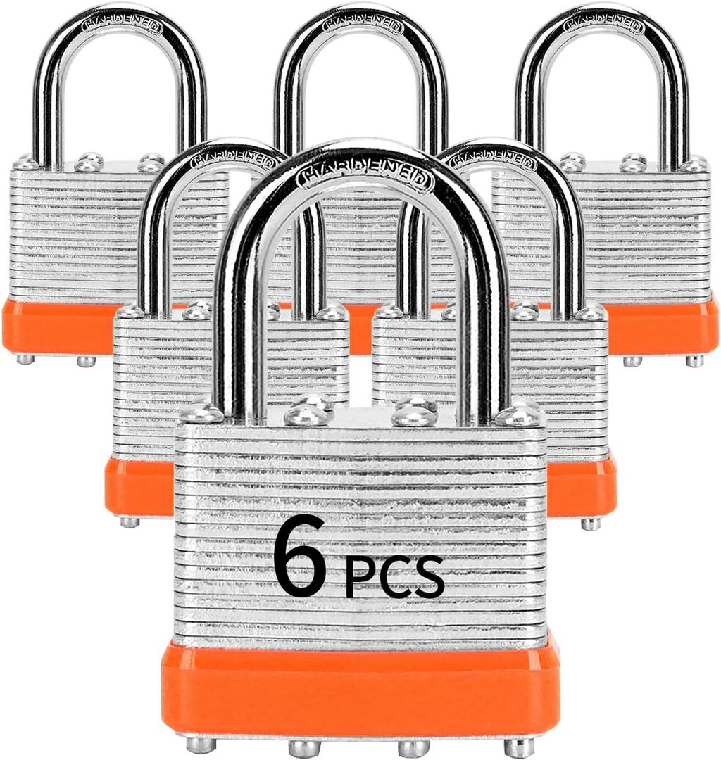 Padlocks with Same Key, LQYN 6 Pcs Laminated Keyed Padlock (1-9/16", 40mm), Keyed Alike Locks, Normal Shackle, for Storage Locker, Hasp Latch, Toolbox, Sheds (6 Pack Orange)