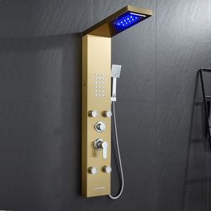 POPFLY Shower Panel Tower System, LED Rainfall & Waterfall Shower Head with Body Jets, Handheld Shower & Tub Spout, Golden Stainless Steel Wall-Mounted Bathroom Shower Column Tower