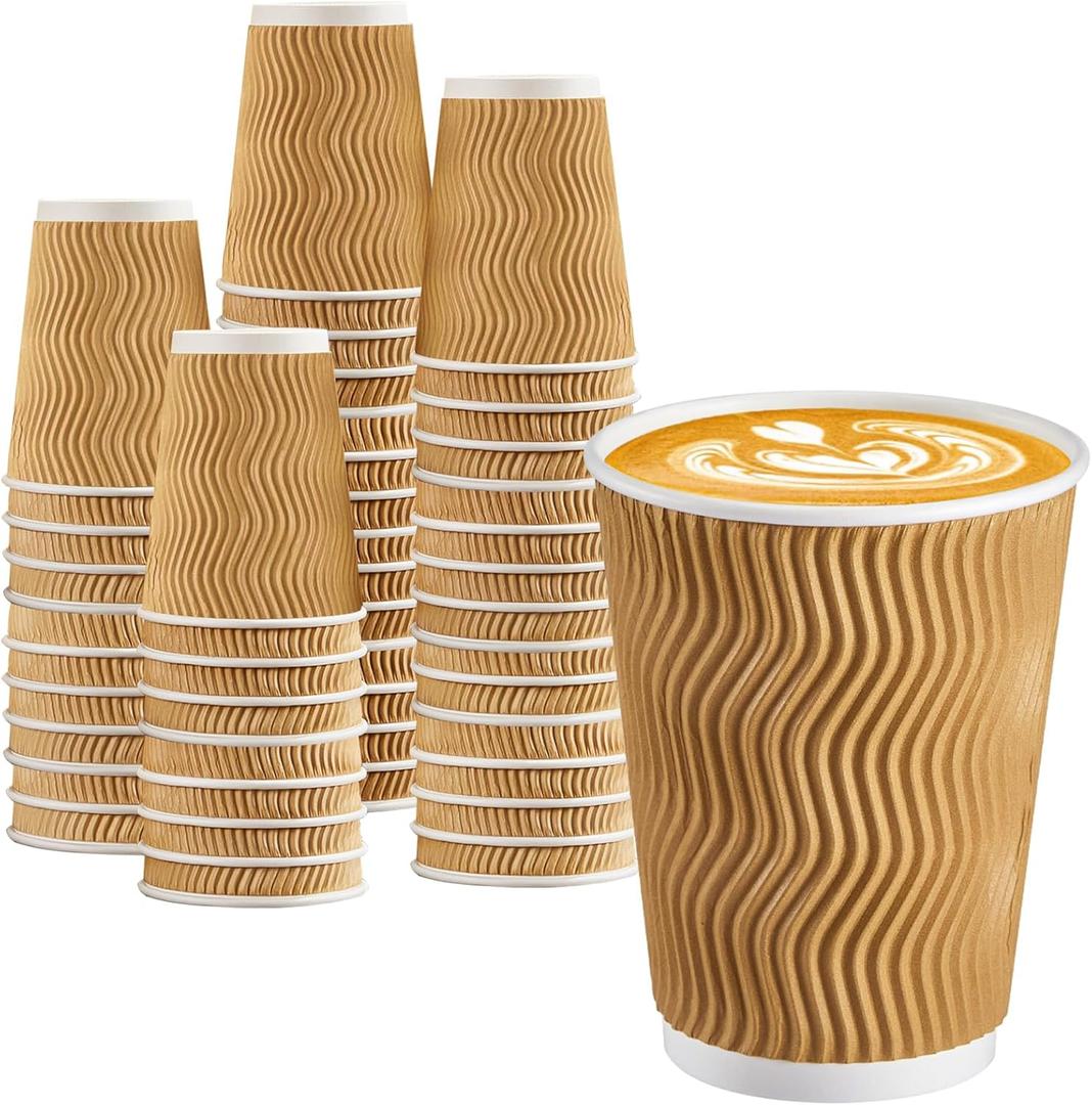 BYSNOW 100 Pack 12 oz Coffee Cups, Disposable Insulated Hot Cups To Go Paper Coffee Cups, Corrugated Ripple Wall Cup for Hot Drink, Office, Coffee Bar (Champagne 12 oz)