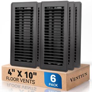 4" x 10" Floor Register Vent Covers 6-Pack, Walkable Powder-Coated Metal Vent Covers with Adjustable Airflow, Curved Safe Edges for Floor/Wall, Black