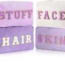 Pinkunn 4 Pcs Preppy Makeup Bags Chenille Letter Travel Organizer Face Skin Hair Stuff Corduroy Cosmetic Hygiene Toiletry Pouch with Zipper Wedding Birthday Gifts for Women