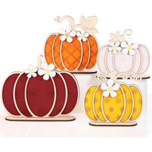 Leinuosen 4 Pcs Thanksgiving Fall Pumpkin Decoration Wooden Tabletop Signs Pumpkin of 4 Size, Autumn Table Centerpieces Season Tray Decor for Halloween Harvest Home Room Decoration(Autumn Colors)
