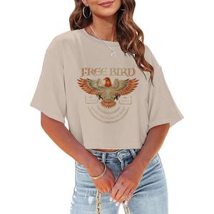 Women's Summer Cropped T Shirts Funny Rock and Roll Country Music Graphic Print tees Short Sleeve Casual Crop Tops (Medium, Brown-1)