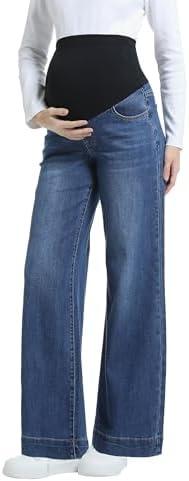 CFRTMTBB Women's Maternity Jeans Wide Leg Over The Belly Support Stretch Pregnancy Denim Loose Wide Pants with Pockets Size L