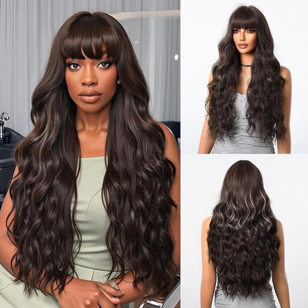 Allbell Dark Brown Wigs with Bangs Long Wavy Brown with Blonde Highlight Wig for Women,Natural Synthetic Daily Cosplay Costume Wig (Balayage Brown 3043-1)