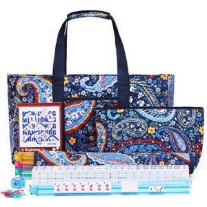 American Mahjong Tile Set with Navy Printed Carrying Bag, 166 Premium White Tiles, 4 All-in-One Color Racks/Pushers, Mah Jongg Sets, Complete Mahjong Game Set for Travel