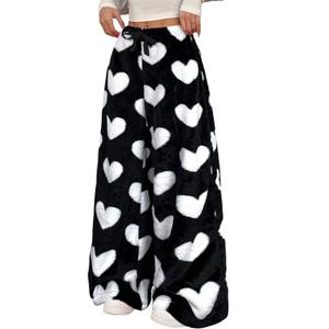 Wyeysyt Women Fuzzy Pajama Pants Elastic Waist Wide Leg Leopard Pant Pj Bottoms Lounge Fluffy Pants(Black-S)
