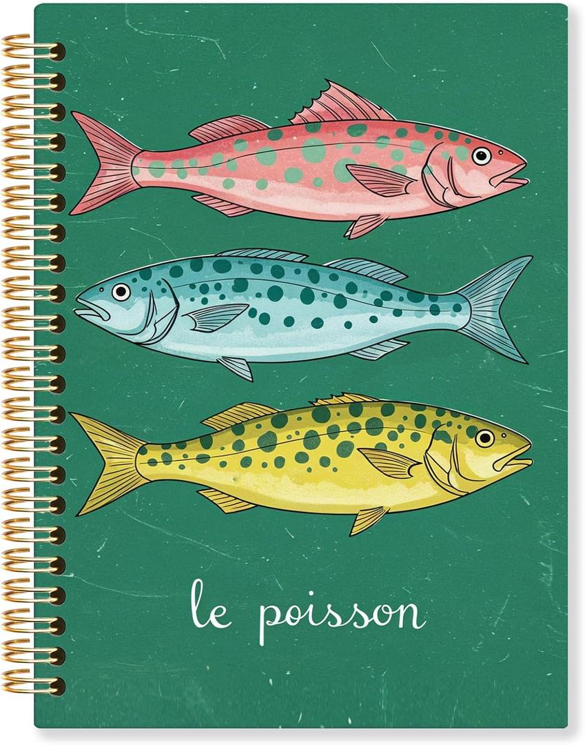 3 x Dark Green Fishes Spiral Notebook, Ocean Spotted Fish Journal, Coastal Beach Journals for Writing, French Le Poisson Marine Biology Notebooks for Note Taking, 5.5x8.3 Inch