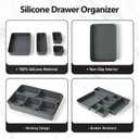 ISSEVE 8Pcs Nesting Silicone Drawer Organizer Trays, 4 Size Versatile Vanity Bathroom & Desk Drawer Organizer Set Storage Bins for Office,Kitchen,Nightstand,Black