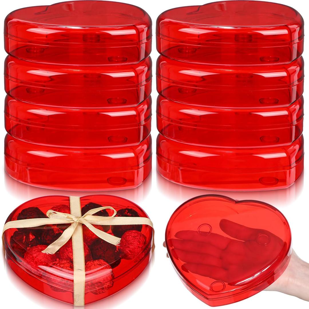 8 Pcs Valentine's Heart Shaped Plastic Container, 5.9" W x 1.6" H Plastics Clear Plates with Red Clear Lids Anti-slip Ring, Heart Dessert Plates Snack Tray for Valentine Party Table Decoration