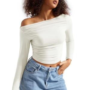 SUUKSESS Women Off Shoulder Long Sleeve Shirts Double Lined Fitted Crop Tops Y2K Tight T Shirts (Cream White,M)