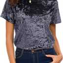 Women's Crew Neck Velvet Top Short Sleeve T-Shirt (X-Large, Purple)