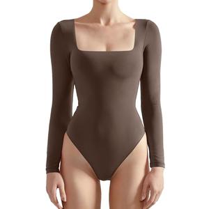 SUUKSESS Women Long Sleeve Bodysuit Sexy Square Neck Thong Body Suit Shirts Top (Brown, L)