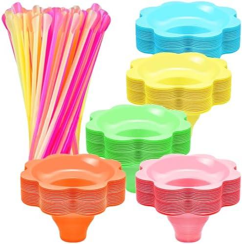 Qinsihwn 50 Pcs Colorful Snow Cone Cups with Spoon Straws,Flower Shaped Ice Cream Cup,Plastic Cone Snacks Cups for Summer Holiday,Party Trifle and Shaved Ice