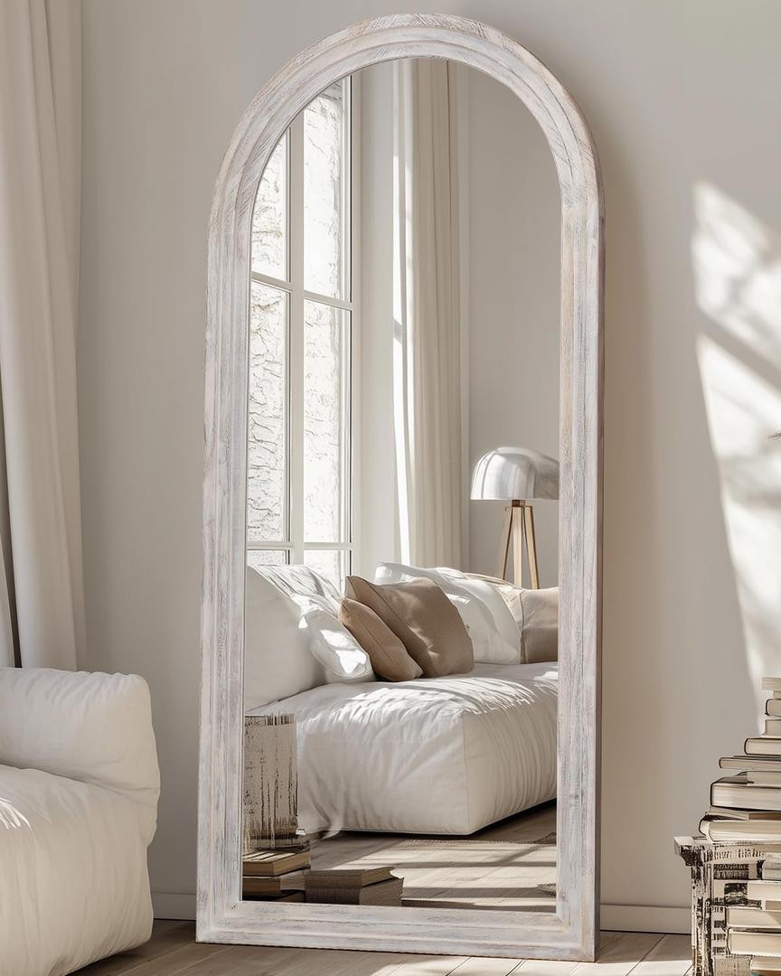Full Length Mirror, 71"x32" Wooden Mirror Full Length with Stand Wood Floor Mirror, Oversized Stand Up Mirrors Large Wall Mirrors, Wall Mounted Mirrors, Arched Wood Style, White