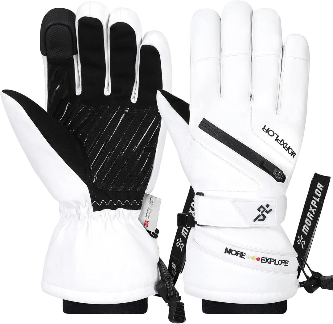 MORXPLOR Winter Ski Snow Gloves Men Women,Windproof Touchscreen Snowboard 3M Thinsulate Insulated Warm Winter Snowmobile Gloves (Small, White)