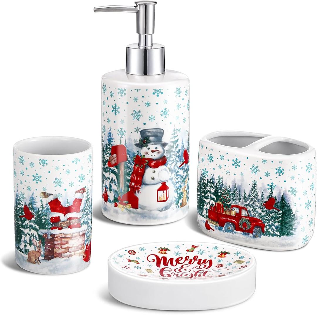 Ninehaoou 4 Pcs Christmas Ceramic Bathroom Accessories Gifts Xmas Bath Tumbler Xmas Tree Soap Dispenser Toothbrush Holder Soap Tray Merry Christmas Bathroom Decorations(Snowman)