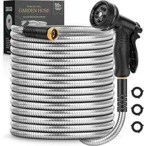 Garden Hose 50 FT, Metal Stainless Steel Water Hose with 10 Function Nozzles, No Kinks, Flexible Hose, Lightweight, Puncture Proof, Heavy Duty Hose for Yard and Outdoor