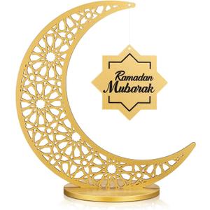 DoubleFill Golden Wooden Ramadan Table Centerpiece Crescent Moon Hollow Star Ornament for Ramadan Decor Islamic Gifts
