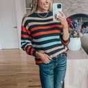 2 x KIRUNDO Women's 2025 Fall Winter Striped Color Block Short Sweater Long Sleeve Crew Neck Casual Loose Knit Pullover Tops (Blue, XL)