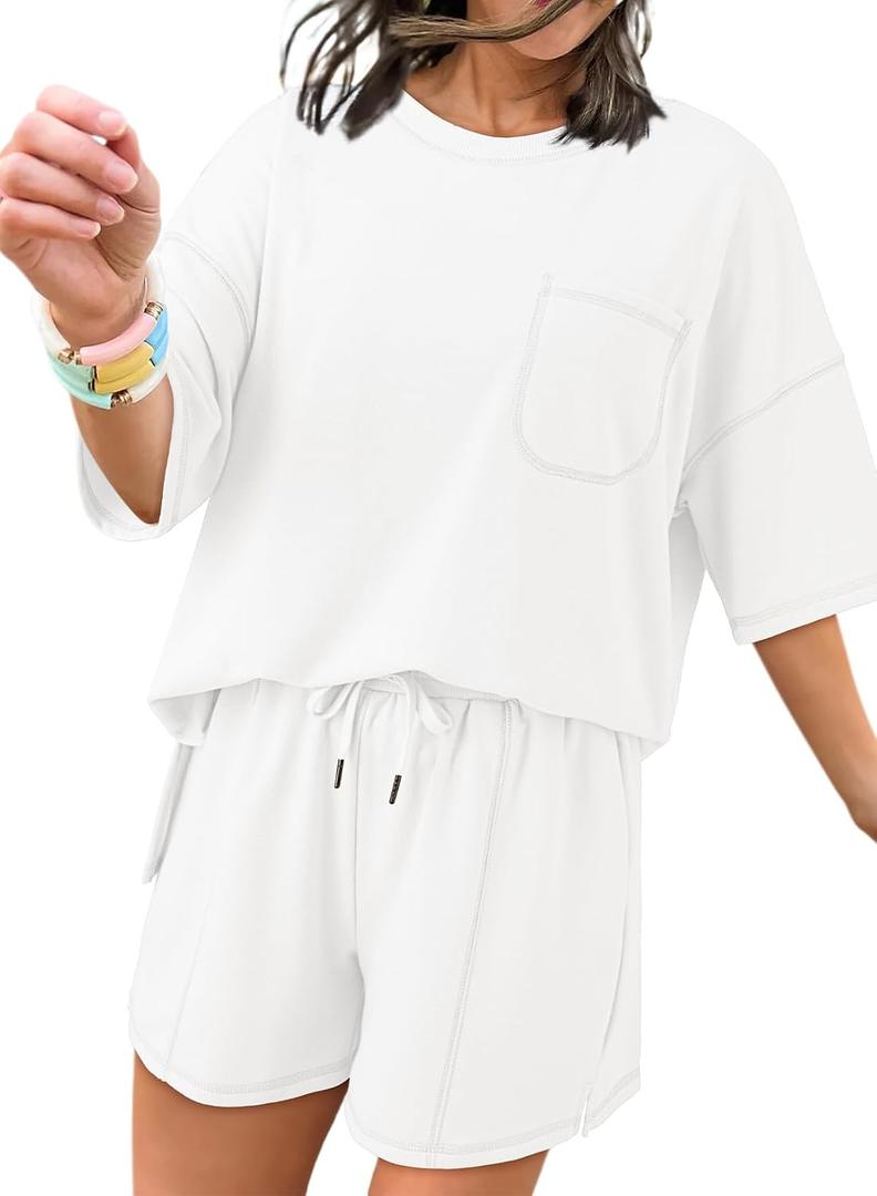 Dokotoo Summer Two Piece Sets for Women Casual Short Sleeve Shirts and Drawstring Shorts Lounge Sets