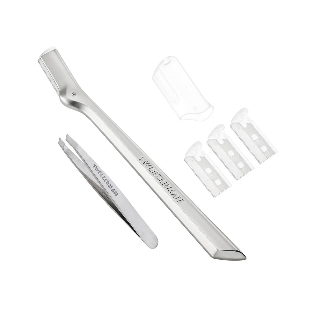 Tweezerman Eyebrow Razor and Mini Tweezer Set with 3 Replacement Blades and Safety Cap (Stainless Steel)