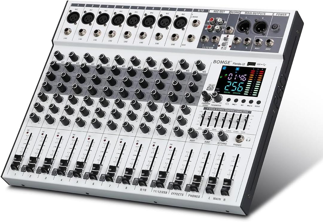BOMGE 12 Channel Mixer Audio Console,Professional Music DJ Mixing Board with 256DSP Bluetooth MP3 Player 48V 7-Stage Equalizer Supply USB Recording for Studio Karaoke Live Performance (12 Channel)