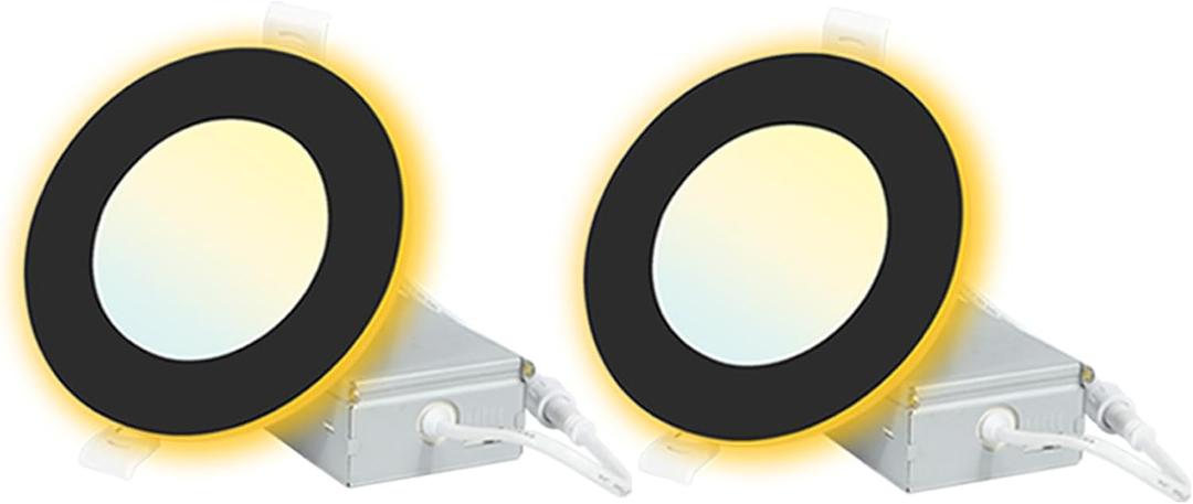 4 Inch Black Ultra-Thin LED Recessed Lights with Night Light 2 Pack, Canless Wafer, 2700K-5000K Selectable, 9W, 120V, 750LM, Dimmable, ETL FCC