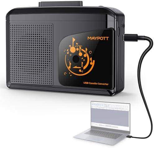 Cassette Tape Player, Maypott Portable Walkman Cassette Player Cassette Tape Recorder Audio Cassette to Digital Converter via USB, Compatible with PC/Laptops, Built-in Speaker&Headphone, Full Stereo