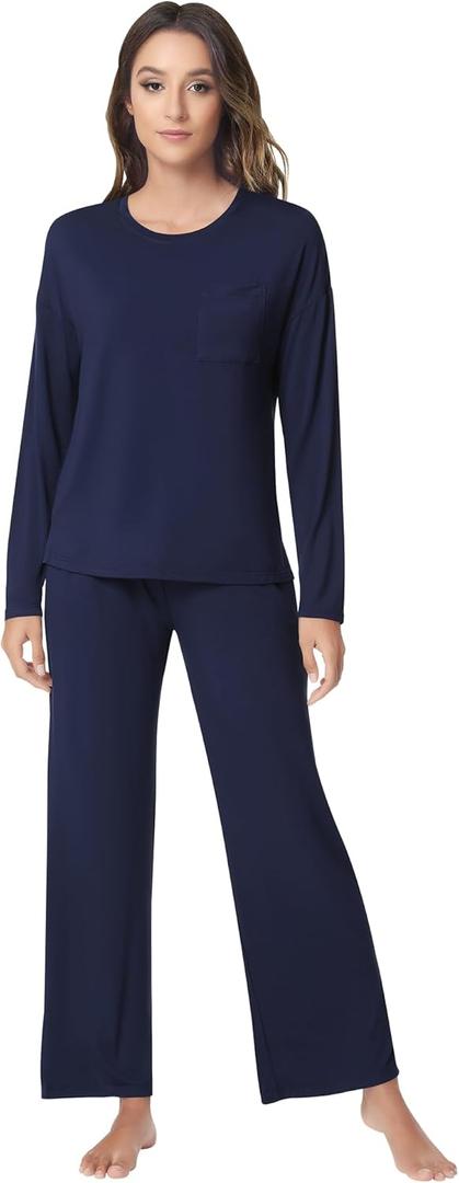 NACHILA Women's Pajamas Set-Viscose Made from Bamboo, Long Sleeve Sleepwear Top with Pants Comfy Pajama Soft 2 Piece Pjs (Large, A-navy Blue)
