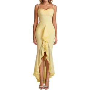 KUTUMAI Elegant Ruffle Long Formal Wedding Guest Dress Ruched Bodycon Slit Maxi Cocktail Dresses for Women (Yellow, XL)