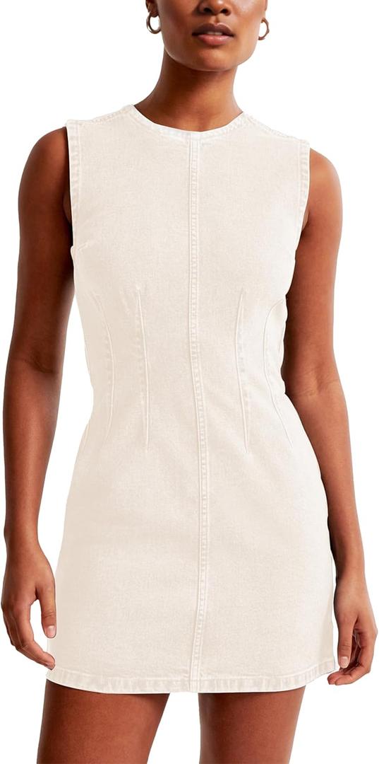 Daacee Womens Sleeveless Bodycon Denim Mini Dress Casual Waist Tucks Zipper Tank Jean Dresses (Small, Creamwhite)